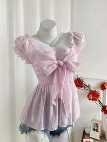 Blusa de gasa de manga corta con lazo dulce y sexy para señoras, de verano - Rosa - Ver 1