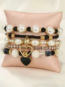 5pcs Pearl & Crystal Beaded Brown Bracelet Set, Fashionable Multifunctional Stacking Bracelets For Girl - Black - View 3