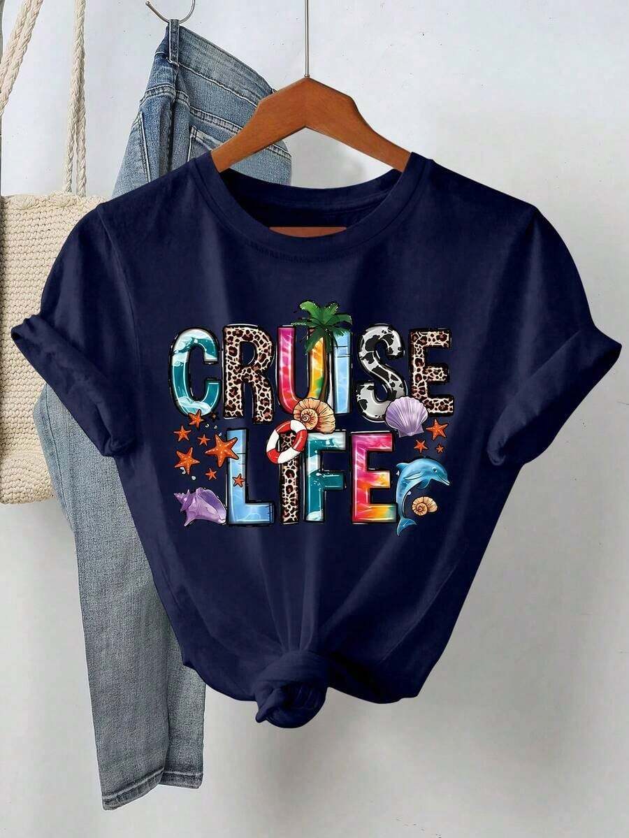 Camiseta de manga corta para mujer, cuello redondo, estampado de letras, casual, versátil, para uso diario. - Negro 3 - Ver 1