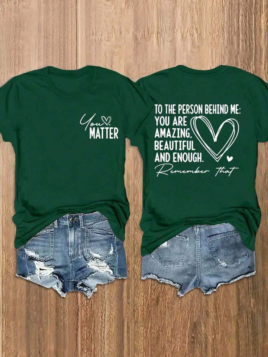 Camiseta de cuello redondo de manga corta con estampado de lema de verano informal para mujer - Verde Oscuro - Ver 1
