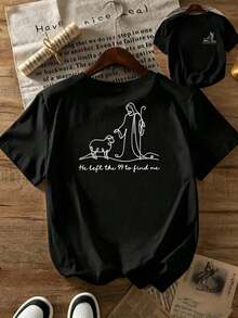 Premium |   1 Playera para Mujer 100% Algodón Transpirable |   Camiseta de manga corta para mujer con estampado religioso - Jesús y el Cordero del Pastor con la frase "Dejó los 99 para encontrarme" (Mateo 18:12-14), cuello redondo, estilo casual para iglesia, atuendo informal y ropa religiosa - Ideal para el verano. Ecológico - Negro - Ver 1