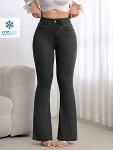 Women's Pocket Button Casual Versatile Daily Wear Flare Jeans - Negro - Ver 12