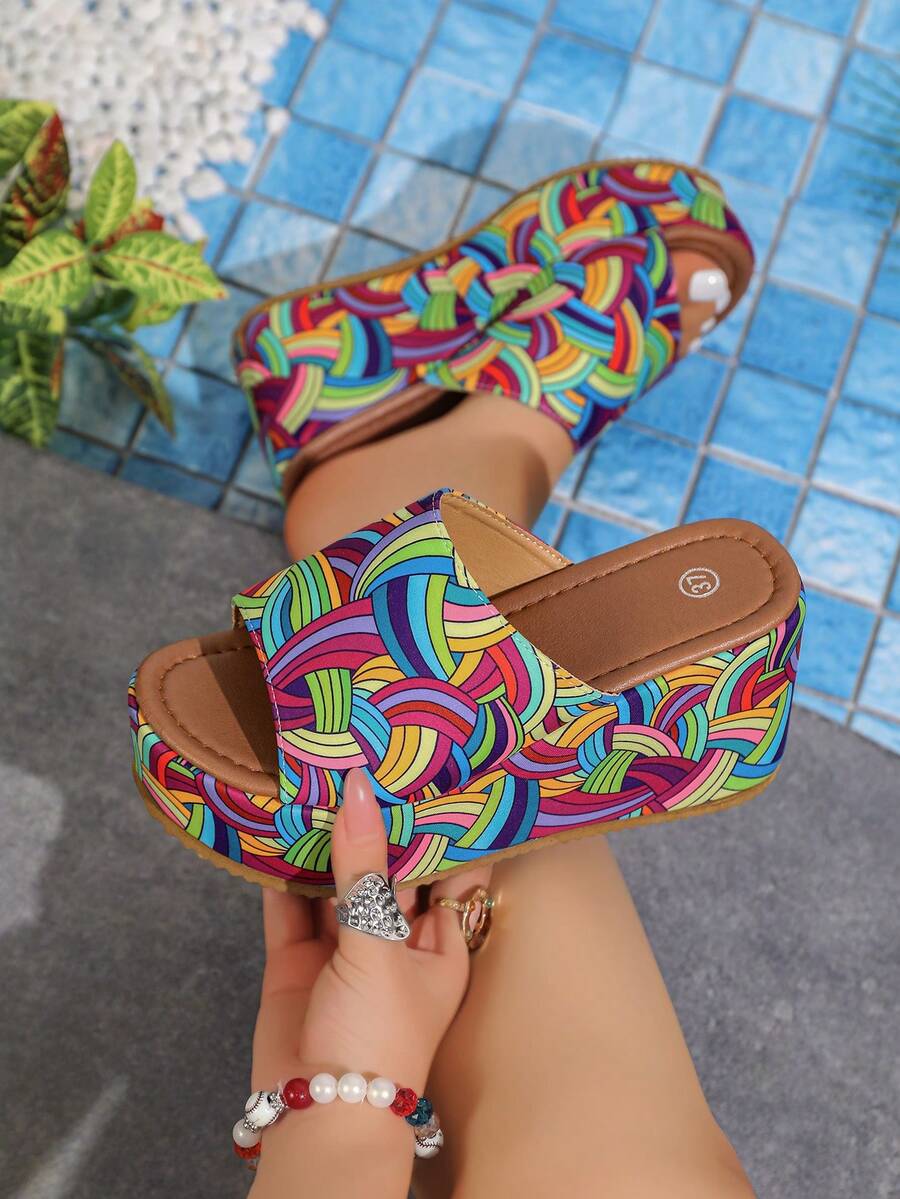 2025 Latest Fashion Women's Shoes, Colorful Striped Round Toe Platform Wedge Sandals, High Waterproof Slip-On Suitable For Home And Outdoor Wear, Elegant Personalized Party Date Increased Height Comfortable Stable Sandals