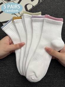 1/5/10双装女士多色双罗纹腰部吸汗耐穿多功能中筒袜，适合日常、运动、通勤，白色长袜 - 彩色 - 查看 9