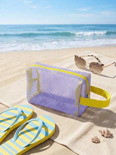 Fashionable Waterproof Beach Bag, Light Purple Octagonal Mesh Handle Bag, Large Capacity Mesh Bag, Colorful Portable Travel Mesh Storage, Beach Bag Accessories, Durable Water Activity Bag, Perfect For Swimming And Fitness, Transparent Swimming Gear Bag, Waterproof Toiletry Bag Makeup Bag Cruise Essentials Toiletry Bag For Women For Travel For Bathroom For Men For Women