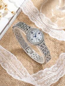1pc Silver Diamond-Studded Watch, Roman Numeral Dial, Metal Band, Suitable For Daily And Party Wear - Silver - View 4