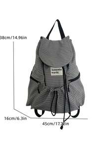 Large Capacity Fashionable Plaid Multi-Pocket Nylon Casual Backpack, Waterproof Lightweight Foldable Drawstring Patch Letter Travel Bag, Summer - Grey - View 4