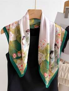 1 chiếc khăn choàng nữ thanh lịch, phong cách retro, in họa tiết, chất liệu giả lụa/satin nhẹ, thích hợp cho nữ, khăn trùm đầu, khăn choàng vai, khăn choàng nhẹ và thoải mái, khăn trùm đầu, phụ kiện đội đầu cho nữ, phù hợp cho mùa xuân, hè, thu, mặc hàng ngày và làm quà tặng Ngày của Mẹ, phụ kiện ngày lễ. - màu xanh lá - Xem 1