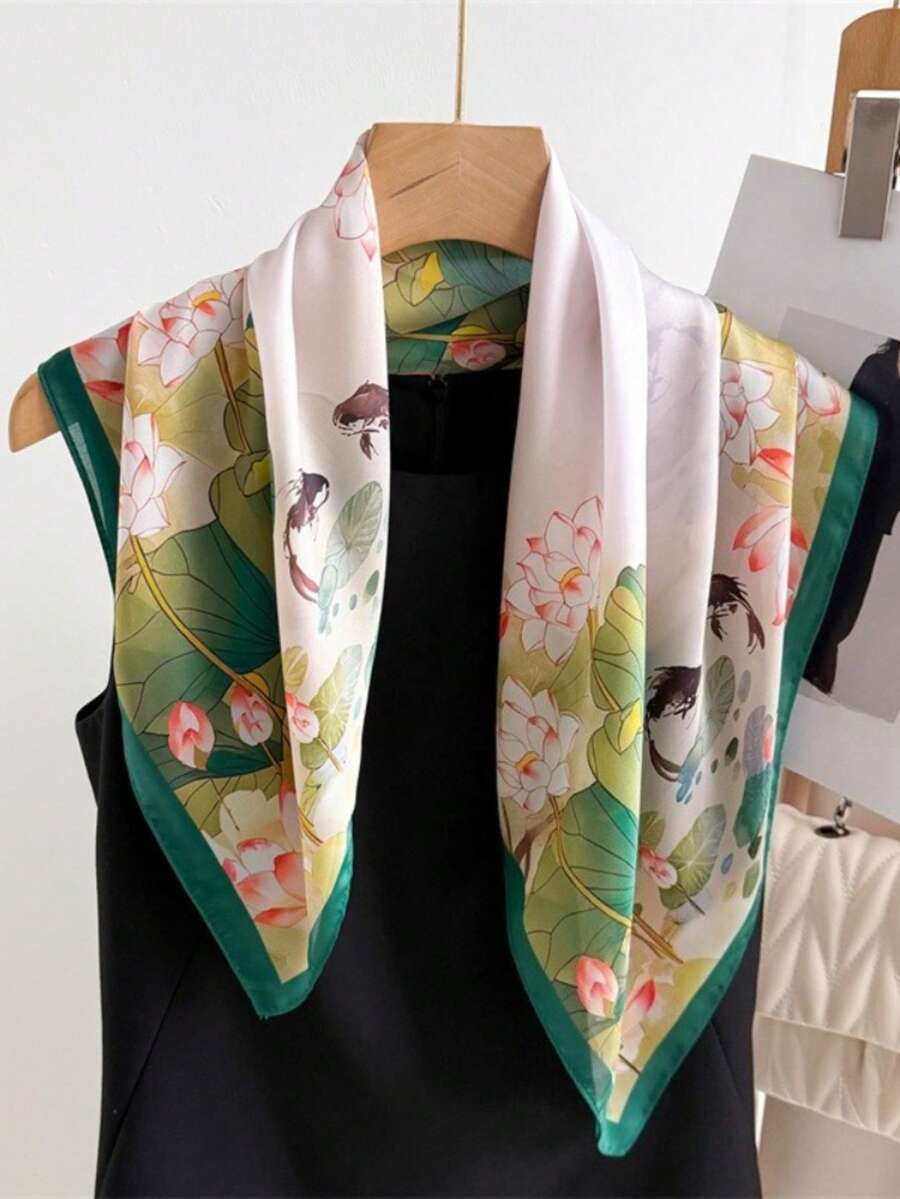 1 chiếc khăn choàng nữ thanh lịch, phong cách retro, in họa tiết, chất liệu giả lụa/satin nhẹ, thích hợp cho nữ, khăn trùm đầu, khăn choàng vai, khăn choàng nhẹ và thoải mái, khăn trùm đầu, phụ kiện đội đầu cho nữ, phù hợp cho mùa xuân, hè, thu, mặc hàng ngày và làm quà tặng Ngày của Mẹ, phụ kiện ngày lễ. - màu xanh lá - Xem 1