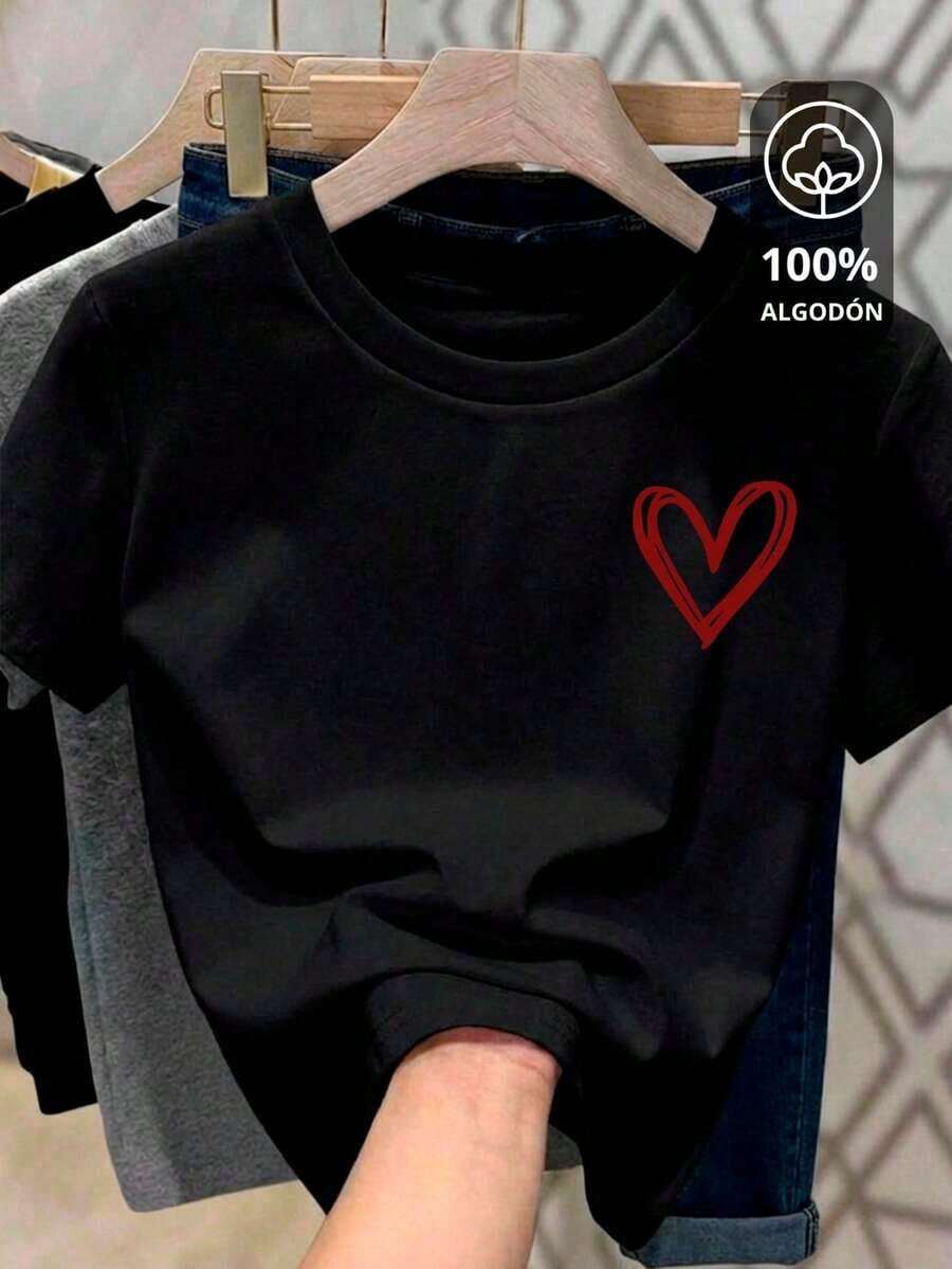 Women's T-Shirt With Heart Print And Round Neck - 黑色印花紅色 - 查看 1