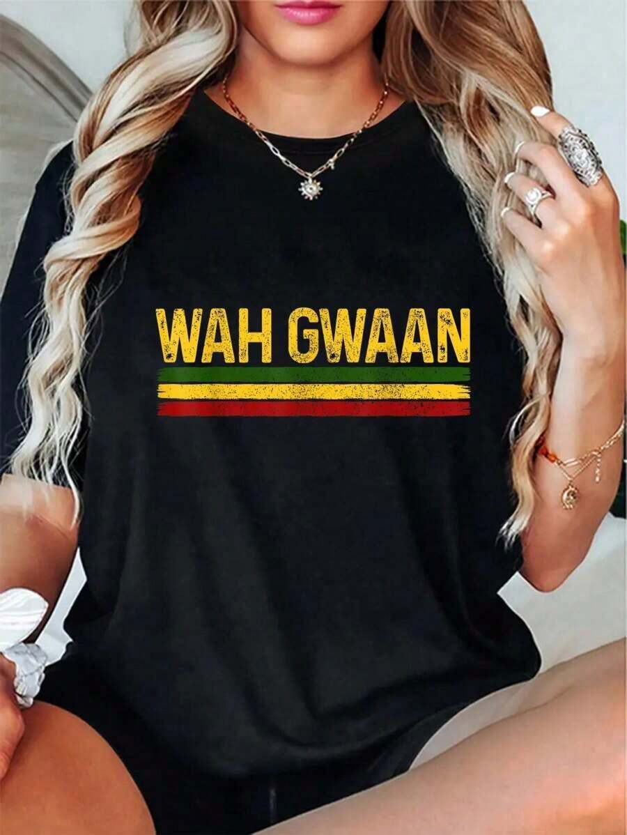 Camiseta Divertida de Música Reggae 'Wah Gwaan Jamaican Pride', Cuello Redondo, Manga Corta, Camiseta Gráfica para Hombre y Mujer - Negro - Ver 1