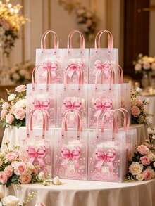 6 piezas Bolsas de regalo con lazo rosa, bolsas de fiesta transparentes con asas, decoraciones de fiesta de cumpleaños con lazo rosa, bolsas de embalaje de regalo para fiestas de boda y cumpleaños, decoraciones para fiesta de 1er cumpleaños, decoraciones para baby shower de niña, decoraciones para fiesta de revelación de género, decoraciones para despedida de soltera, suministros para fiesta de niña bebé - lazo rosa - Ver 8