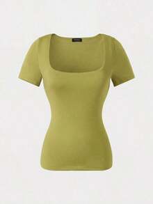 Blusa de manga corta y cuello redondo casual y elegante, adecuada para uso diario, ir al trabajo y salir, primavera/verano - Mostaza Amarilla - Ver 6