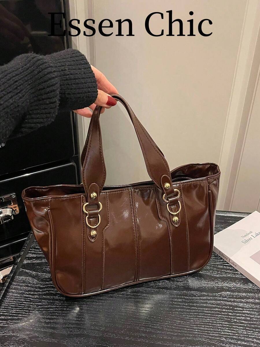 1pc Coffee Brown Handbag, Spring New Arrival, Metal Rivet Decor, Solid Color PU Patchwork Design