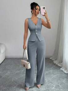 Conjunto de camiseta sin mangas y pantalones elegante para mujer, estilo de oficina y transporte, atuendo de otoño para maestros - Gris - Ver 7
