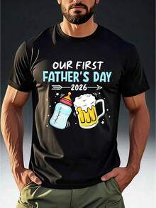 Our First Father's Day T-Shirt, Commemorative Baby Bottle And Beer Print, Ideal Father's Day Gift For Fathers And Sons, Crew Neck, Short Sleeves, Machine Washable, Casual Wear - 黑色 - 查看 9