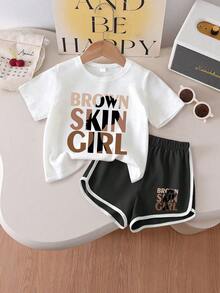 2pcs Girls Round Neck Short Sleeve T-Shirt, Printed With "BROWN SKIN GIRL", Casual & Comfortable For Spring/Summer - Multicolor - View 1