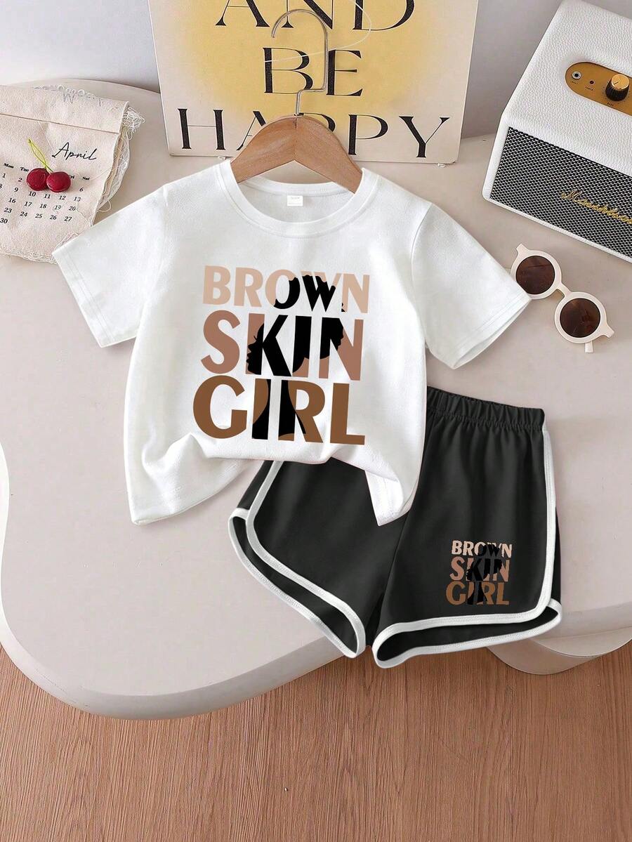 2pcs Girls Round Neck Short Sleeve T-Shirt, Printed With "BROWN SKIN GIRL", Casual & Comfortable For Spring/Summer - Multicolor - View 1