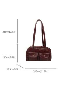 1pc Minimalist Retro Zipper Tote Bag, Decorated With Pockets, Dual Handles, Suitable For Women's Casual And Commuting Daily Use - Burgundy - View 5