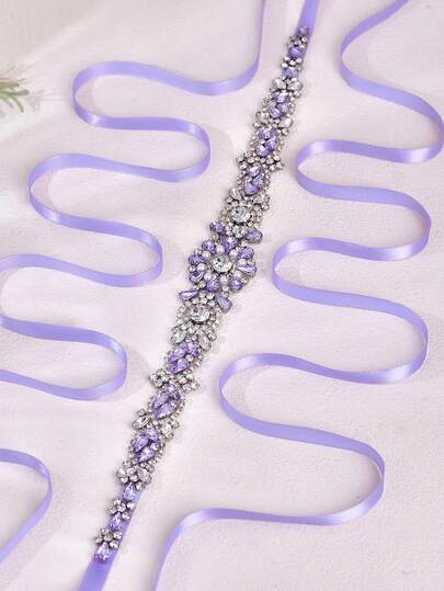 1pc Lavender Rhinestone Crystal Bridal Belt, Fashion Floral Waist Sash, Wedding Dress Embellished Belt, Prom Party Accessory