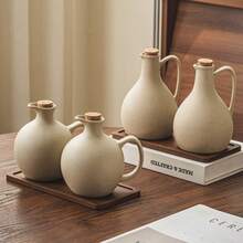 500ml/600ml Vintage Thick Ceramic Oil Bottle With Cork Stopper, Kitchen Condiment Bottle, Sauce Dispenser - Stoneware - View 1
