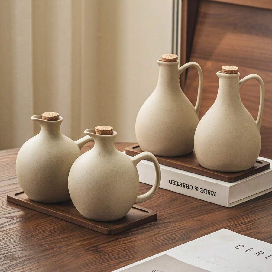 500ml/600ml Vintage Thick Ceramic Oil Bottle With Cork Stopper, Kitchen Condiment Bottle, Sauce Dispenser - Stoneware - View 1