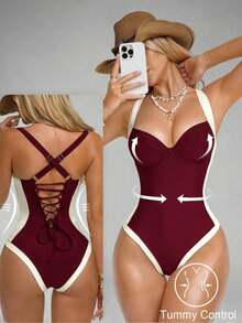 de baño de una pieza con control de abdomen, con abertura lateral, push-up y efecto estilizante, en marrón y beige para mujer - Burdeos - Ver 2