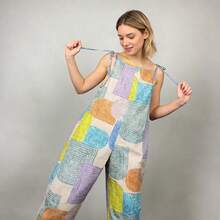 Mono sin mangas para mujer, verano 2026 – Estampado geométrico con bloques de color, tirantes finos, pantalón ancho, estilo informal para vacaciones - PRÉSTAMO - Ver 2