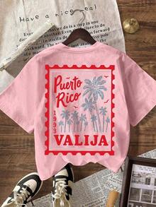 Camiseta casual de mujer con cuello redondo y manga corta, con un estampado gráfico de palmeras y cocoteros en el borde, ideal para vacaciones de primavera y verano. - rosa pálido - Ver 2