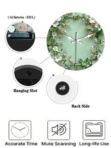 10-Inch/12-Inch Silent Wall Clock With Wreath Design - Light Green Wooden Surface, White Flowers And Green Leaves - Elegant European Round Clock Suitable For Living Room Or Study - Battery Not Included - Multicolor - View 5