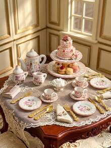 12/27pcs Miniature Ceramic Tea Set 1:12 Dollhouse Porcelain Tea Set, Mini Tea Cups Plates Teapot Tableware Set, Floral Pattern Mini Kitchen Accessories, Dollhouse Furniture Decor Gnome Kitchen Accessories, Birthday Gift Mini Tableware DIY Scene Props - A - View 2