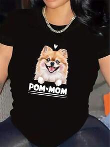 Oversized Women's Short Sleeve T-Shirt, Printed With A Cute Pomeranian Dog Design, POM MOM Design, Lightweight Material, Suitable For Casual Wear At Home, In The Park Or In A Cafe, Comfortable And Durable For Everyday Use. - 黑色 - 查看 6