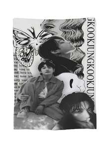 1pcs Soft Personalised Jung Merch Kook Flannel Thick Blanket, Suitable For Sofa, Bed, Living Room, Travel, Office, Shawl, Nap Blanket, Air Conditioning Blanket, Bed Sheet, Camping, Ideal Gift, Daily Gift - 黑色 - 查看 2