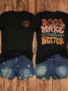 Camiseta de manga corta para mujer con estampado de letras, cuello redondo, estilo minimalista. - Negro - Ver 4