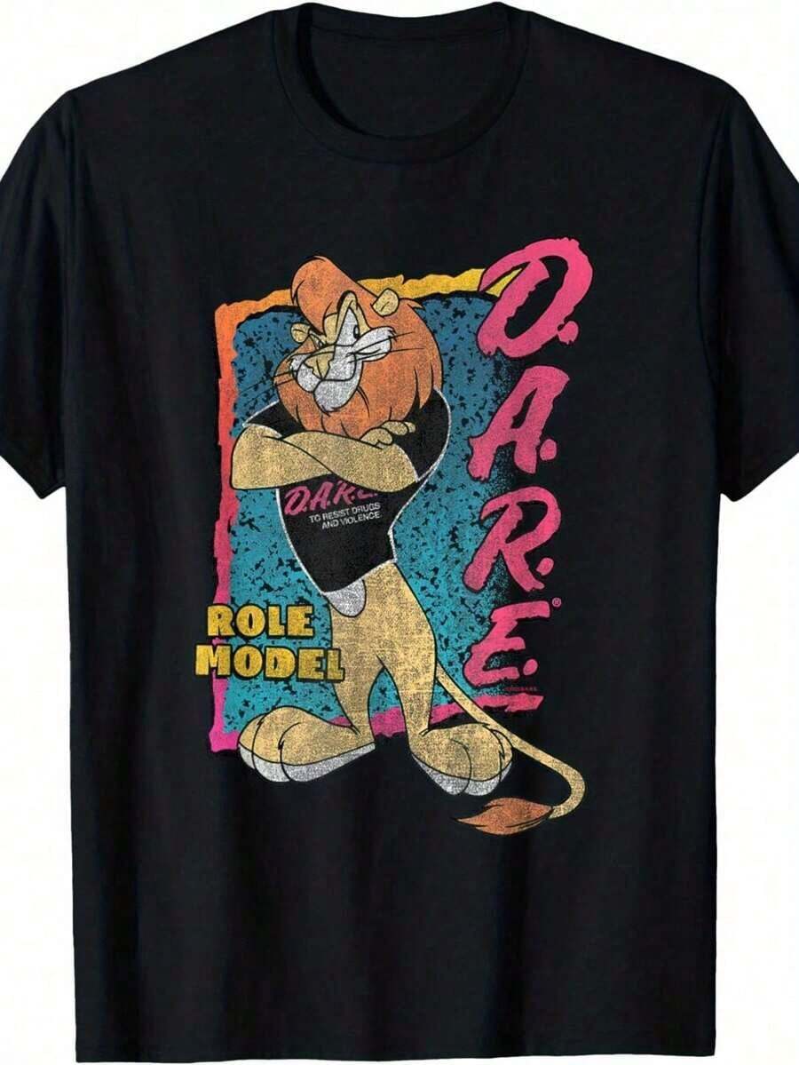 Program 90'S Retro Daren Lion Role Model (Vintage 90s Cartoon, DARE Lettering & Lion)Heavyweight Cotton Printed Tee - Loose Round Neck, Short Sleeve, Summer Casual, Oversized Style, Available S-CSGF - 白色 - 查看 1