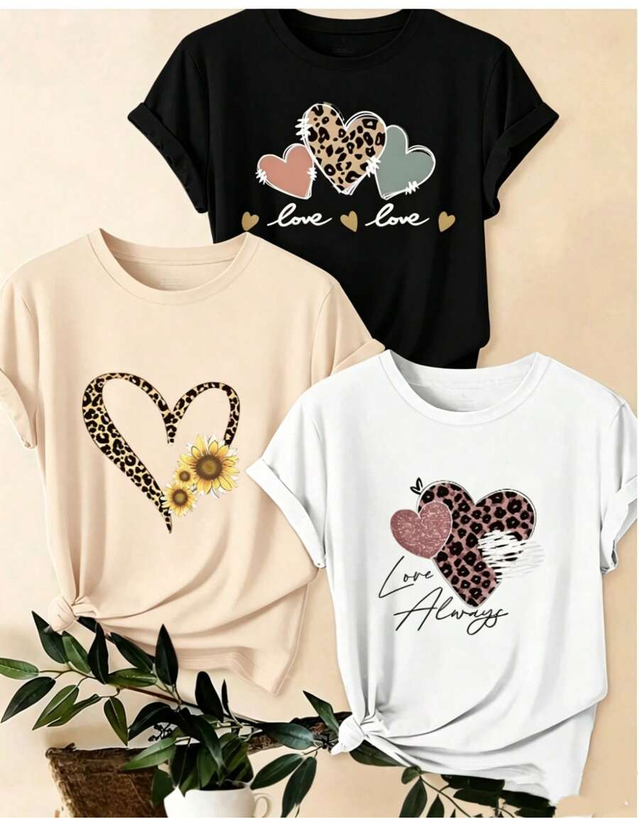 Y2K T-Shirt/Crop Top Oversized Short Sleeve With Single Garment, Not A 3-Piece Set, 1 Piece/Set Of Short Sleeve T-Shirts Suitable For Streetwear, Daily Outings, Camping, Concerts, Hip-Hop, Rock, And Rap Events, Heart Graphic Leopard Print, Summer Casual, Plus Size - 黑色 - 查看 1