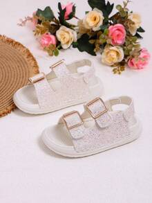 1 Pair Girls' Solid Color Rhinestone Glitter Open Toe Breathable Flat Shiny Casual Sandals Suitable For Summer - Baby Pink - View 4