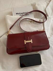 Crocodile Embossed Strap Decor Minimalist Fashion Shoulder Baguette Bag - Burgundy - View 3