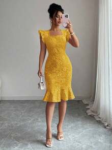 Vestido elegante de jacquard para ir al trabajo, verano - Amarillo - Ver 5