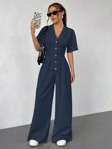 MOOSTA Mono de verano minimalista de unicolor con botones y media cartera para mujeres - Azul marino - Ver 7