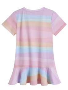 Disney [1 Pc]Girls Ariel The Mermaid Print Rainbow Striped Casual Short Sleeve Crew Neck T-Shirt Dress For Summer - 條紋 - 查看 3