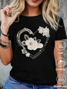 Camiseta de manga corta con cuello redondo para mujer, con estampado floral en forma de corazón, suave y fluida, adecuada para uso diario, oficina, escuela, vacaciones, camping, de estilo versátil, que hace que tu verano sea más vibrante y colorido. - Negro - Ver 6
