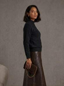 Women's Modal Knit Winter Blouse With Braided High Neck, Modern Style - Black - View 2