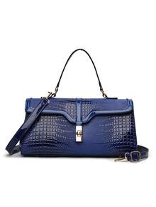 Tas Tote Wanita Baru, Kapasitas Besar, Bahan PU Tekstur Buaya Imitasi, Tali Bahu yang Dapat Diatur dan Dilepas, Tas Bahu Warna Polos Cocok untuk Perjalanan Sehari-hari - Biru - View 6