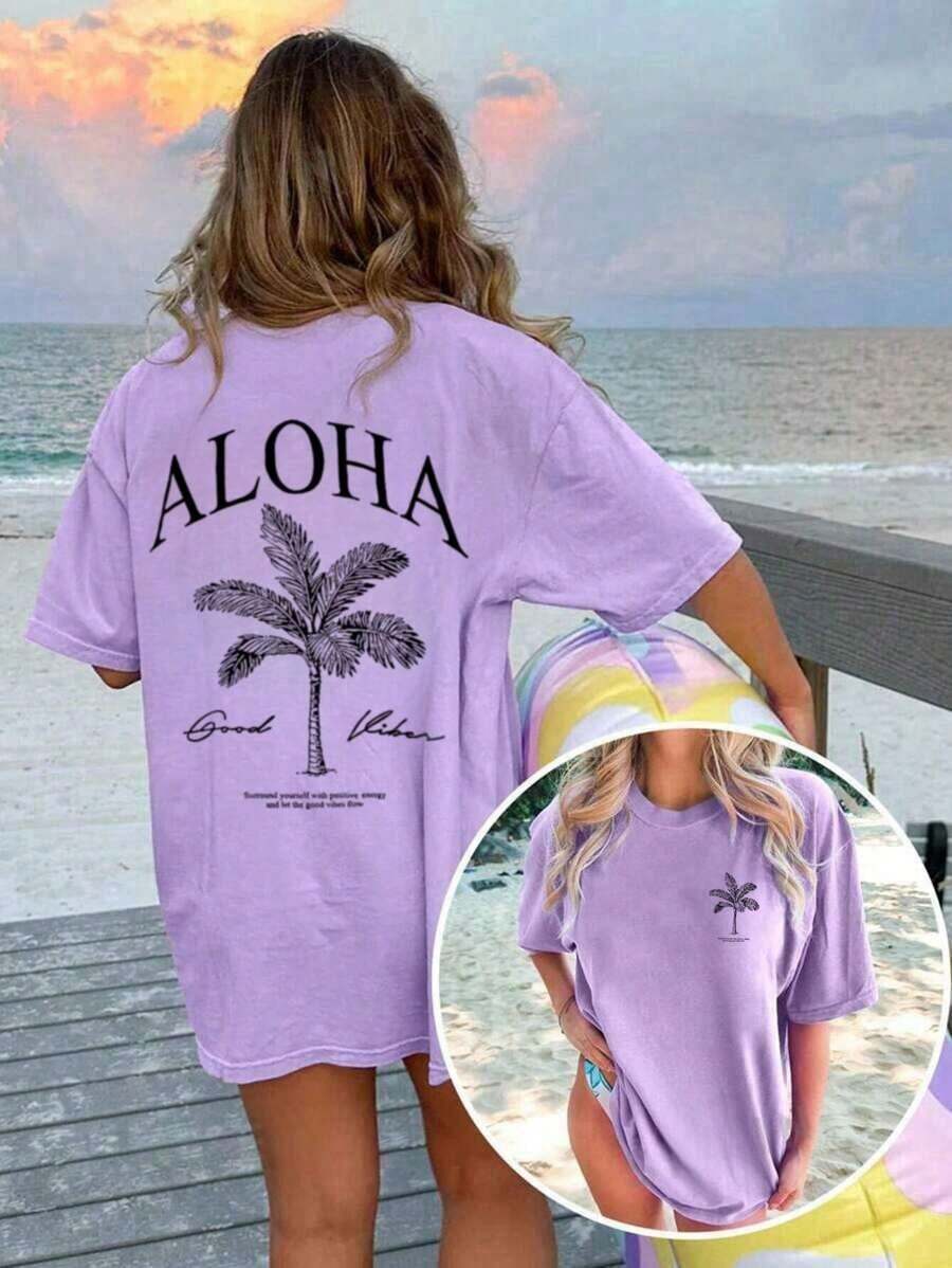 Women's Short-Sleeved T-Shirt With A Round Neck And Palm Print, A Casual And Modern Style, Your Everyday Essential. Printed T-Shirt, Women's Tops, Summer Vacation - 紫色 - 查看 1