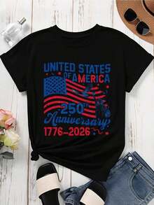 Patriotic T-Shirt Commemorating The 250th Anniversary Of The Independence Of The United States Of America 1776-2026, Featuring The American Flag And The Statue Of Liberty For Independence Day Celebrations - 黑色 - 查看 3