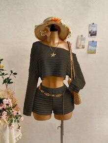 Conjunto de 2 piezas de top asimétrico y shorts de unicolor casual de vacaciones para mujer - Café integral - Ver 3