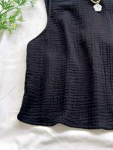 Top sin espalda con textura y lazo, holgado y casual para vacaciones, shorts casuales con elástico en la cintura y bolsillos, para playa y mar - Negro 2 - Ver 6