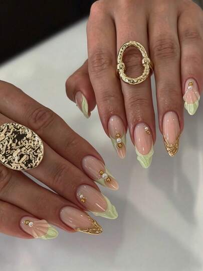24pcs/Set Almond-Shaped Elegant Green French 3D Stereoscopic Resin Pearls & Gold Foil Full Cover Press-On Nails, Includes 1 Gel Polish And 1 Nail File, Suitable For Daily Wear, Parties, Afternoon Tea, Balls And Other Occasions For All Ladies/Girls