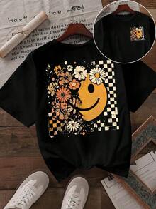 Camiseta Casual de Mujer con Estampado Floral y Cara Sonriente, Camiseta de Otoño, Camiseta de Otoño con Sublimación de Calabaza, Camiseta de Acción de Gracias, Camiseta de Otoño, Camiseta de Calabaza, Camiseta Estilo Bohemio, Camiseta Floral Negra de Verano - Negro - Ver 1